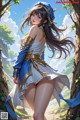 A woman in a blue and white outfit standing in a forest.